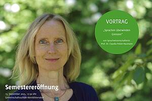 Eine Frau steht vor einem grünen Baum und lächelt in die Kamera. Dazu der Text: Semestereröffnung