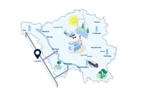 Karte des Saarlandes mit Wasserstoffinfrastruktur