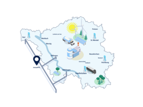 Karte des Saarlandes mit Wasserstoffinfrastruktur
