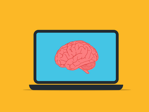 Gezeichneter schwarzer Laptop mit blauem Bildschirm vor einem orangen Hintergrund, auf dem Bildschirm ist ein Gehirn zu sehen.