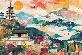Eine bunte Collage aus japanischen Motiven wie eine Sonne, eine Padoge, Berge und Bäume