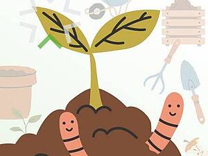 Zeichnung mit 2 Regenwürmern, die ihren Kopf aus einem Stapel Erde, aus dem eine Pflanze wächst, strecken. Rechts unten ein Foto des Dozenten.