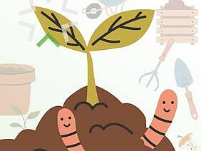 Zeichnung mit 2 Regenwürmern, die ihren Kopf aus einem Stapel Erde, aus dem eine Pflanze wächst, strecken. Rechts unten ein Foto des Dozenten.