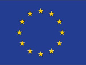 Europaflagge mit blauem Hintergrund und einem Kreis aus 12 goldenen Sternen in der Mitte