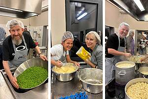 Eine Collage aus drei Fotos, zu sehen sind Menschen, die mit Erbsen und Teig kochen