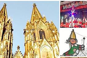 Collage aus Fotos von Kölner Dom, Karnevalsveranstaltungen und Maskotten des kölner Karnevals