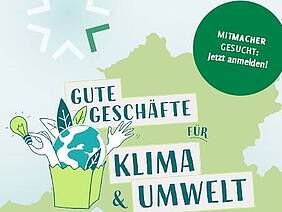 Titelblatt Flyer "Guten Geschäfte für Klima u. Umwelt". Im Vordergrund eine Erdkugel in einer Tüte mit einer leuchtenden Glühbirne, als Hintergrund eine Europakarte.